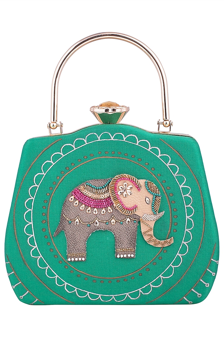 Green Hand Painted Elephant Clutch by Crazy Palette