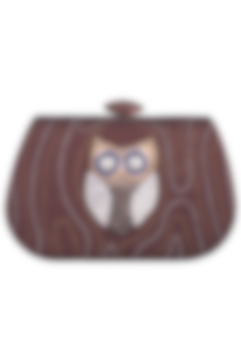Brown Hand Painted Owl Clutch by Crazy Palette
