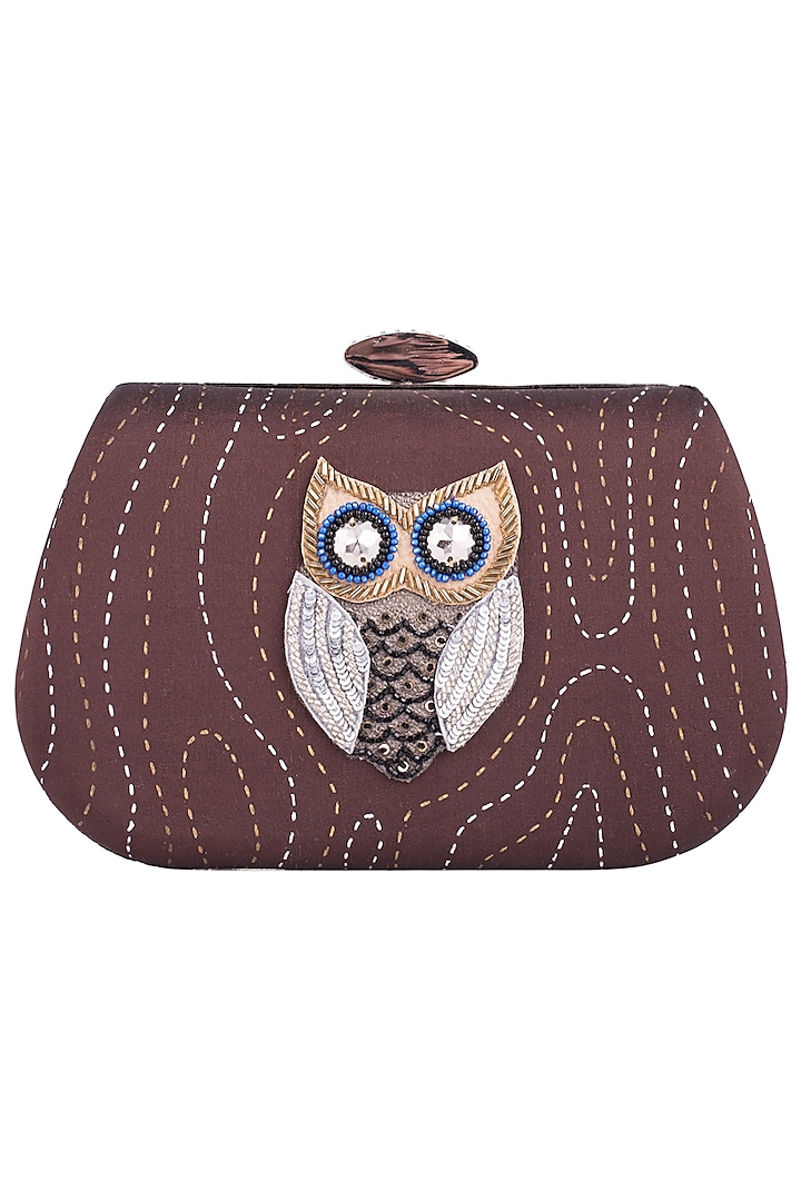 Brown Hand Painted Owl Clutch by Crazy Palette