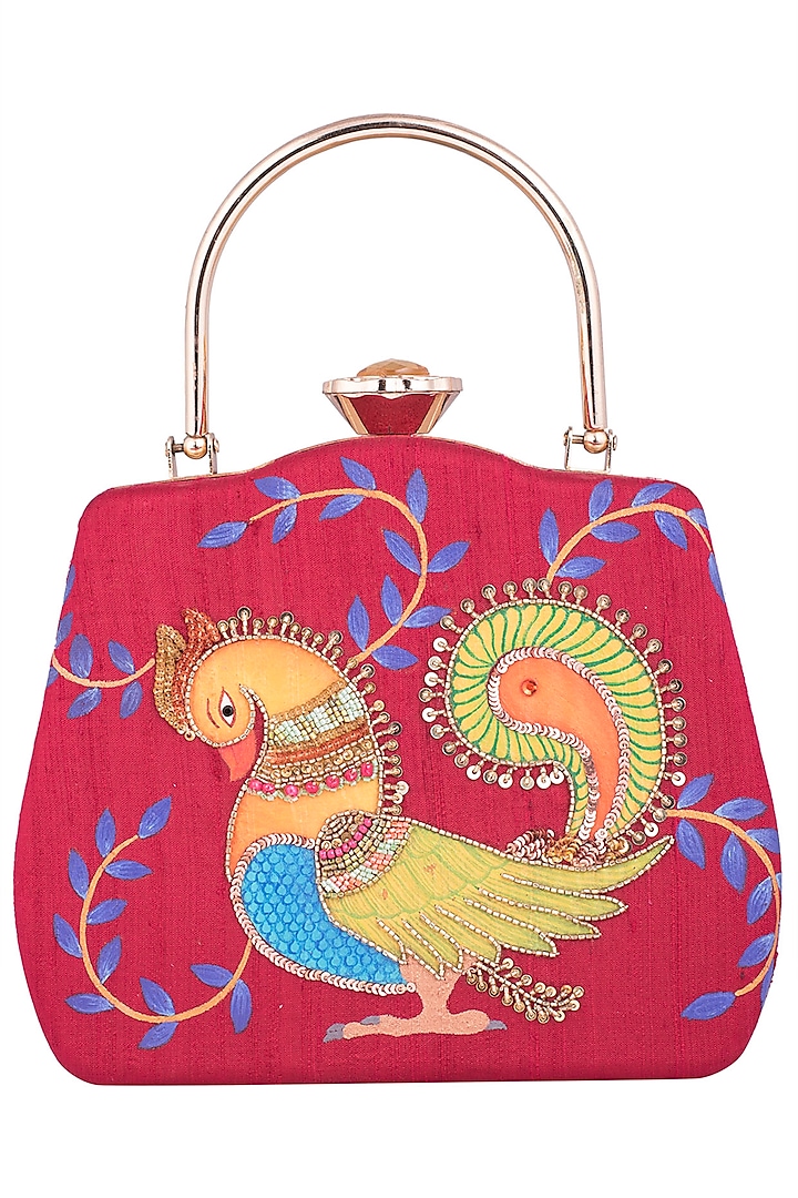 Maroon Hand Painted Kalamkari Clutch by Crazy Palette