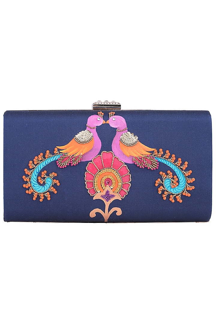Blue Hand Painted Kalamkari Peacock Clutch by Crazy Palette