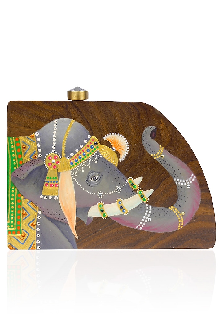 Brown Handpainted Royal Elephant Motif Wooden Clutch by Crazy Palette