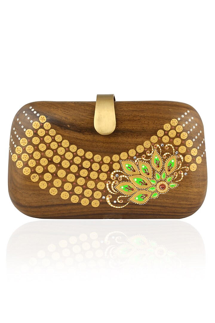 Brown Handpainted Intricate Necklace Motif Wooden Clutch by Crazy Palette