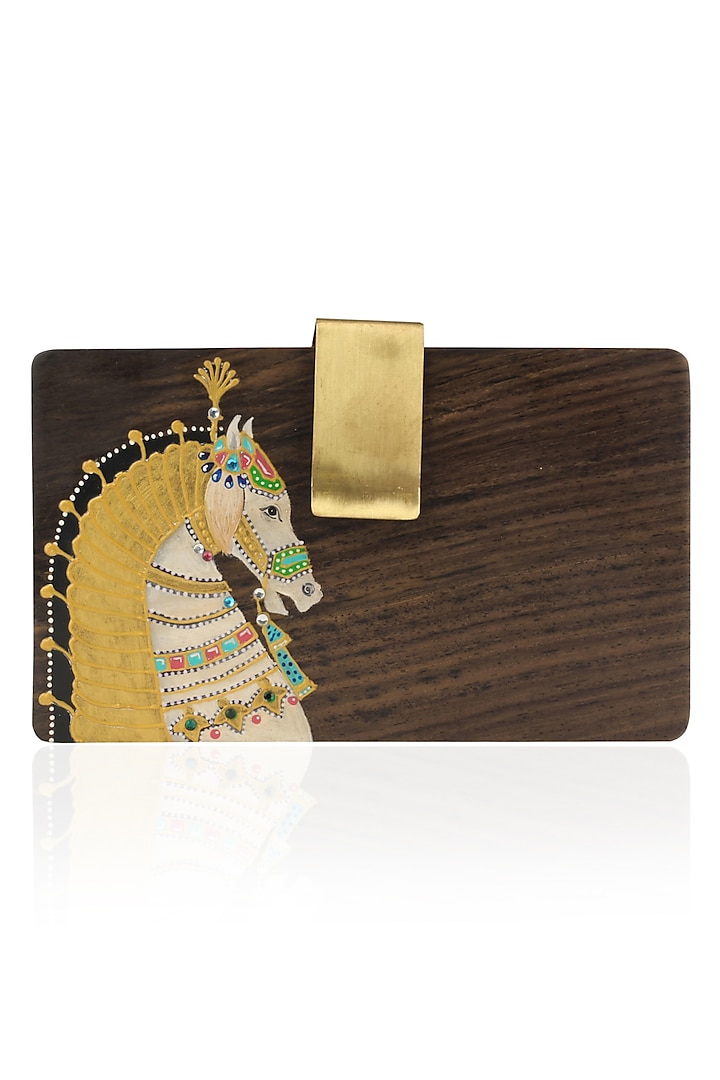 Brown Handpainted Royal Horse Motif Wooden Clutch by Crazy Palette