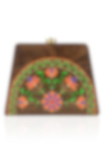 Brown Handpainted Floral Inlay Design Wooden Clutch by Crazy Palette