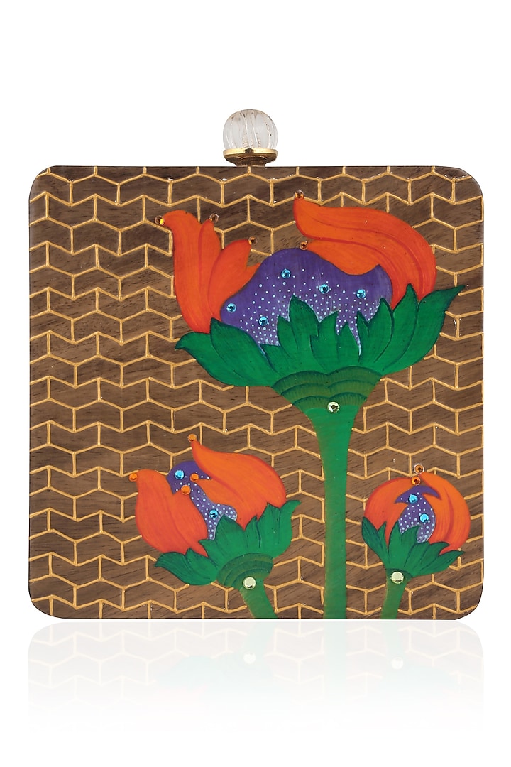 Brown Handpainted Lotus Motif Wooden Clutch by Crazy Palette