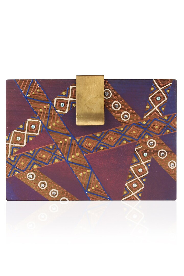 Brown Handpainted Abstract Pattern Wooden Clutch by Crazy Palette