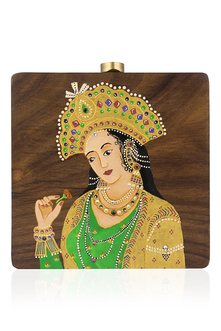 Brown Handpainted Mughal Queen Motif Wooden Clutch by Crazy Palette