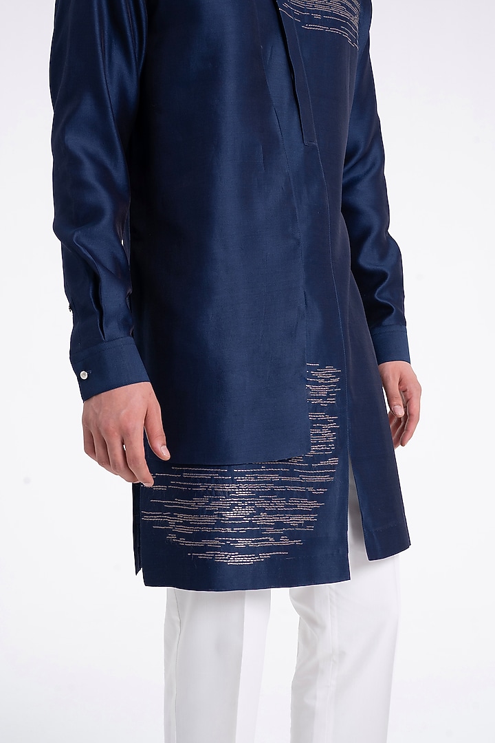 Navy Silk Zari Embroidered Kurta Set by Dhruv Vaish at Pernia's Pop Up Shop