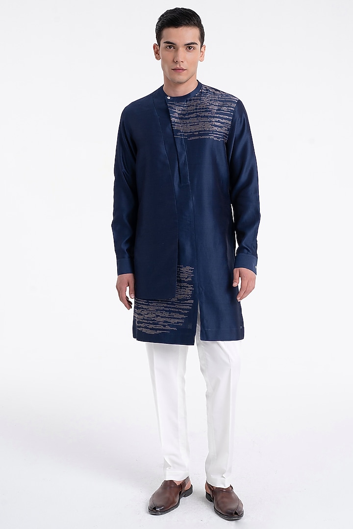 Navy Silk Zari Embroidered Kurta Set by Dhruv Vaish at Pernia's Pop Up Shop
