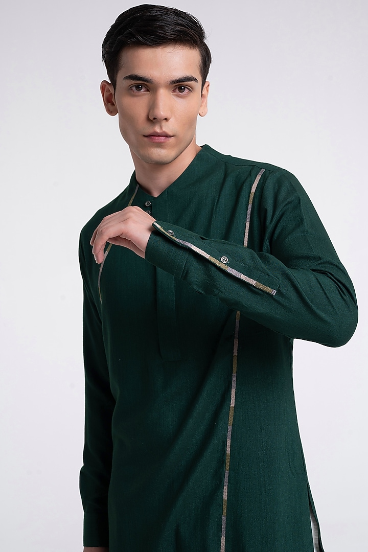 Bottle Green Cotton Silk Thread Embroidered Kurta Set by Dhruv Vaish at Pernia's Pop Up Shop