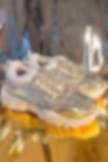 Silver Vegan Leather Sequins Embellished Sneakers by Chal Jooti at Pernia's Pop Up Shop