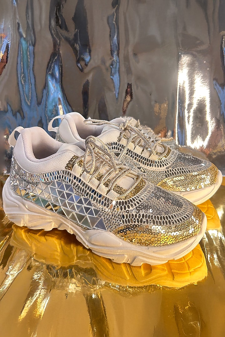 Silver Vegan Leather Sequins Embellished Sneakers by Chal Jooti at Pernia's Pop Up Shop
