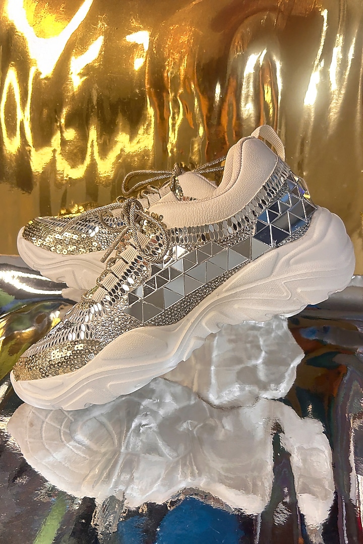 Silver Vegan Leather Sequins Embellished Sneakers by Chal Jooti at Pernia's Pop Up Shop