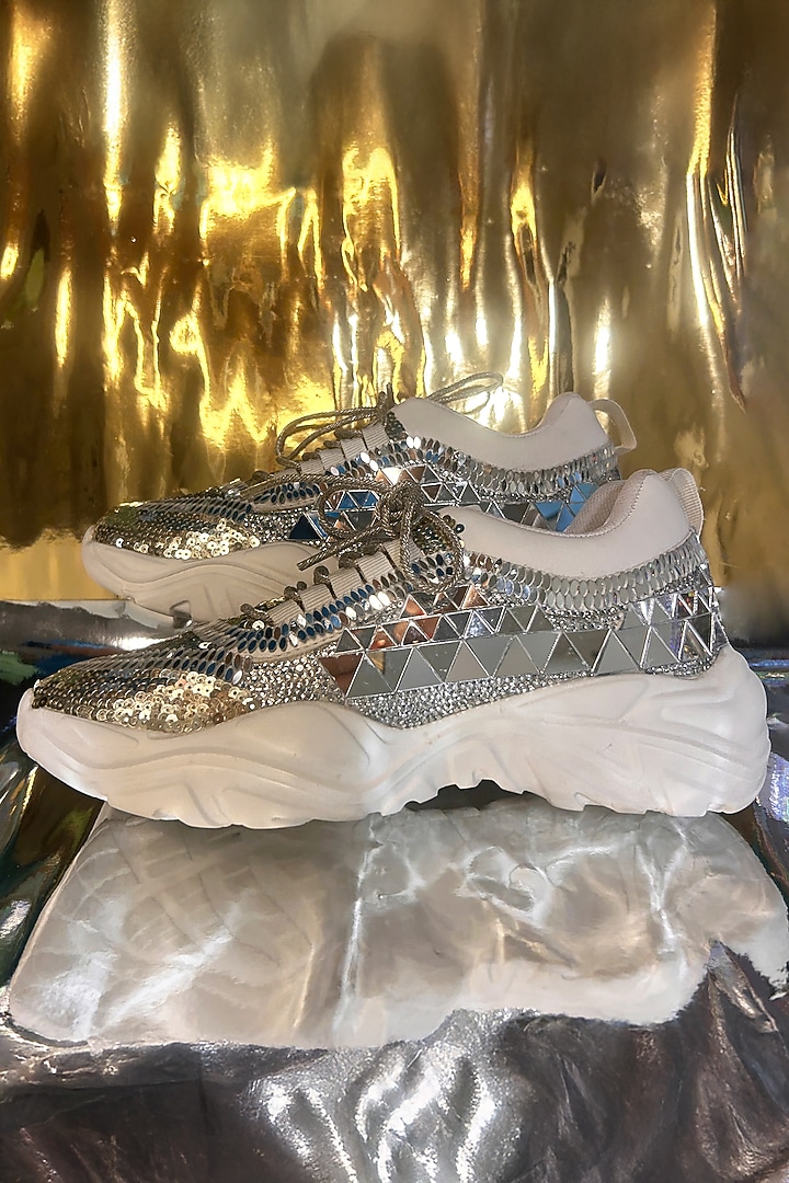 Silver Vegan Leather Sequins Embellished Sneakers by Chal Jooti at Pernia's Pop Up Shop