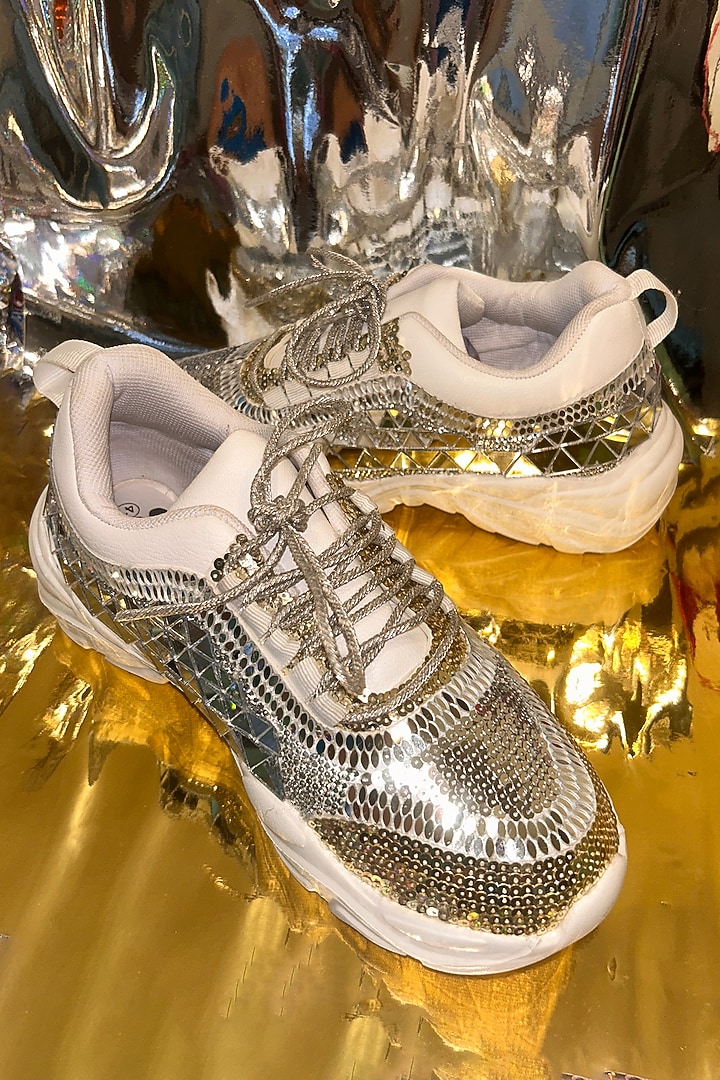 Silver Vegan Leather Sequins Embellished Sneakers by Chal Jooti at Pernia's Pop Up Shop