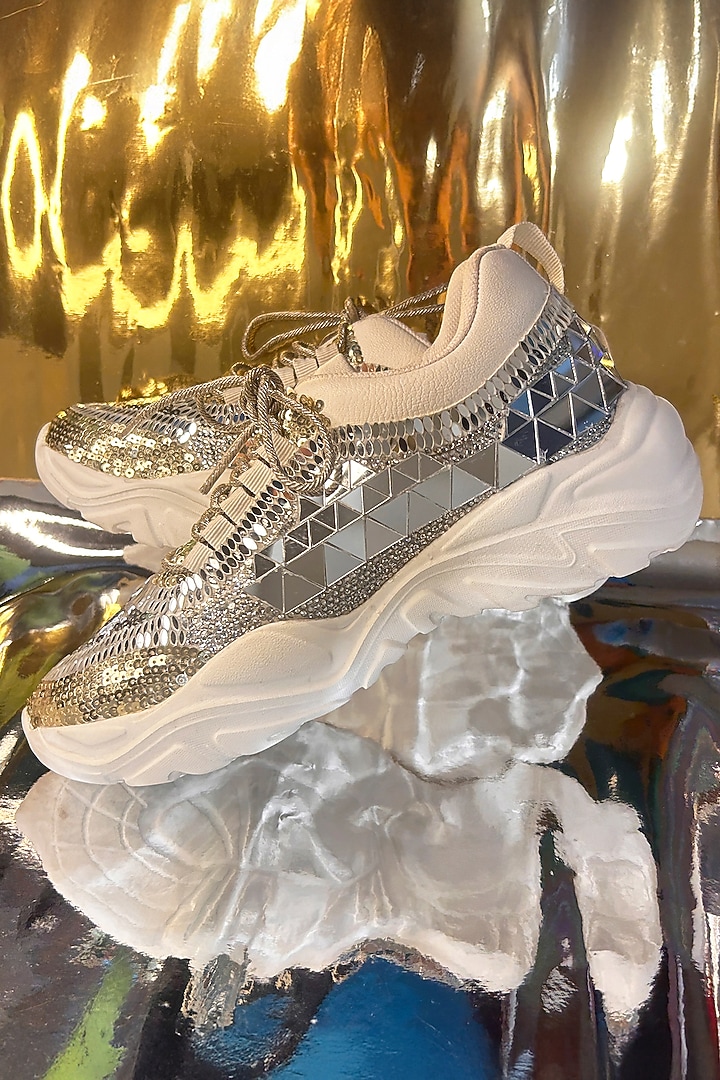 Silver Vegan Leather Sequins Embellished Sneakers by Chal Jooti at Pernia's Pop Up Shop