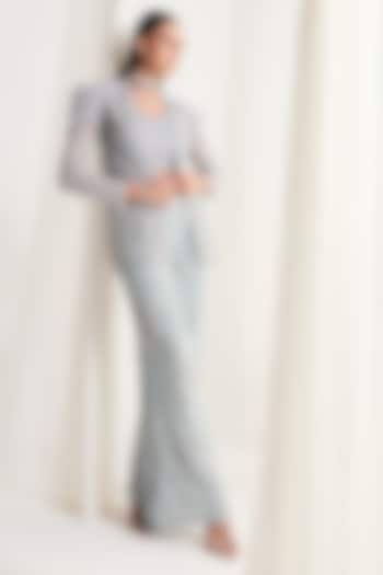 Ice Blue Net Sequins Embellished Jacket Set by DISHA ARORA at Pernia's Pop Up Shop