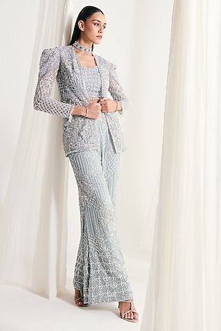 Ice Blue Net Sequins Embellished Jacket Set by DISHA ARORA