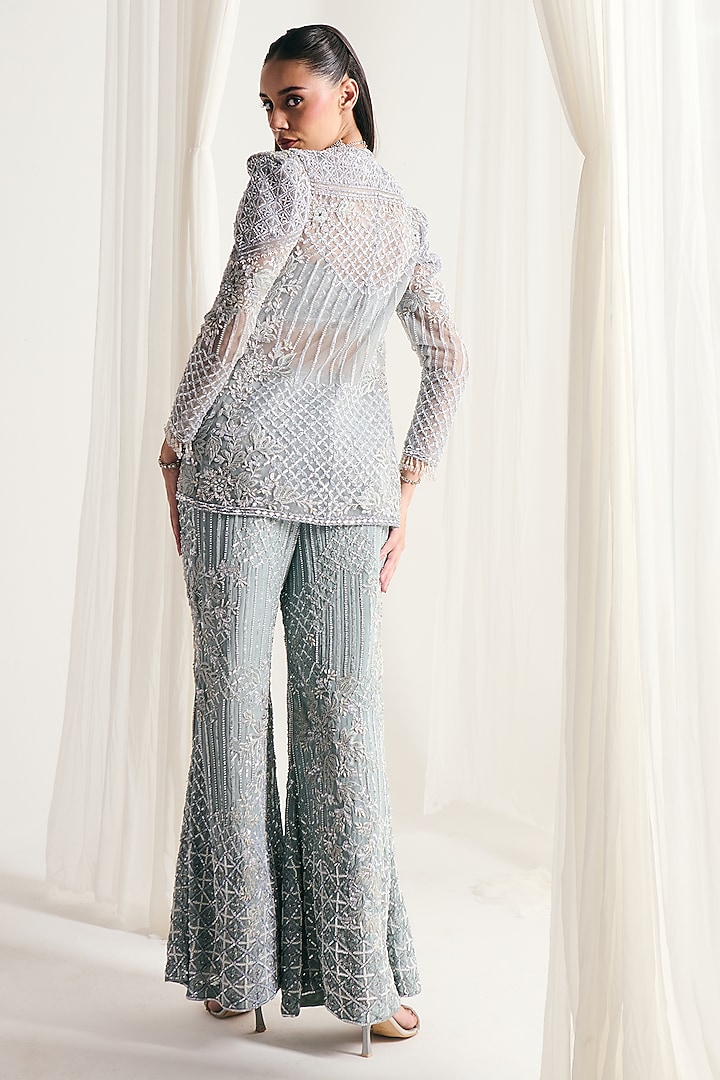 Ice Blue Net Sequins Embellished Jacket Set by DISHA ARORA at Pernia's Pop Up Shop