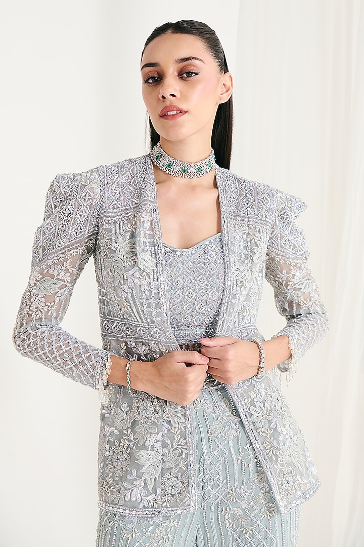 Ice Blue Net Sequins Embellished Jacket Set by DISHA ARORA at Pernia's Pop Up Shop