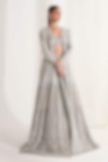 Grey Georgette Sequins Embellished Jacket Bridal Lehenga Set by DISHA ARORA at Pernia's Pop Up Shop