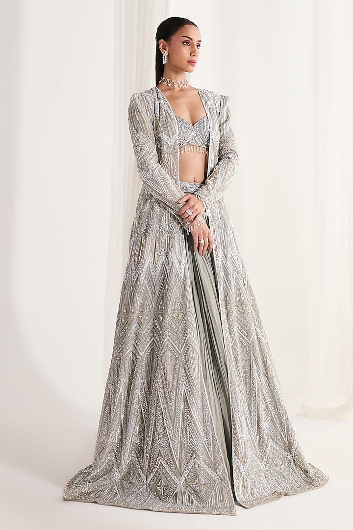 Grey Georgette Sequins Embellished Jacket Bridal Lehenga Set by DISHA ARORA at Pernia's Pop Up Shop