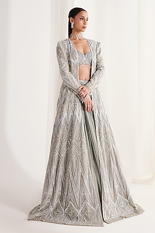 Grey Georgette Sequins Embellished Jacket Lehenga Set by DISHA ARORA