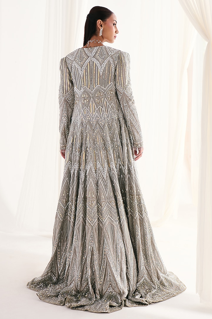 Grey Georgette Sequins Embellished Jacket Bridal Lehenga Set by DISHA ARORA at Pernia's Pop Up Shop