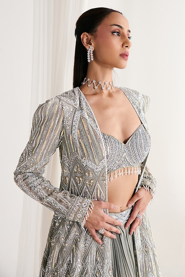 Grey Georgette Sequins Embellished Jacket Bridal Lehenga Set by DISHA ARORA at Pernia's Pop Up Shop