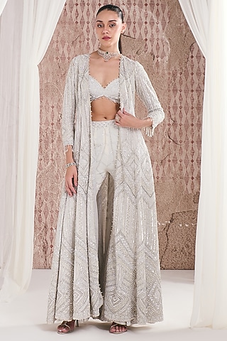 Ivory Net Pearl & Sequins Embellished Jacket Set by DISHA ARORA