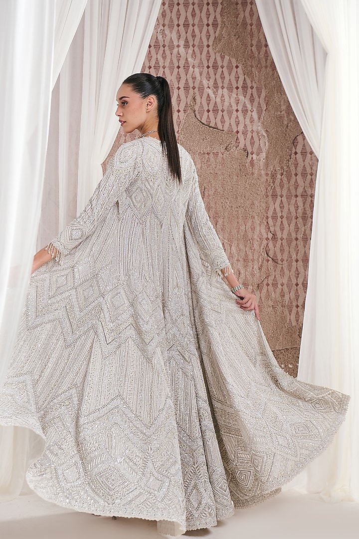 Ivory Net Pearl & Sequins Embellished Jacket Set by DISHA ARORA at Pernia's Pop Up Shop