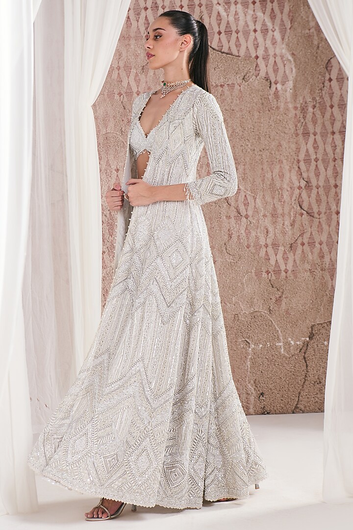 Ivory Net Pearl & Sequins Embellished Jacket Set by DISHA ARORA at Pernia's Pop Up Shop