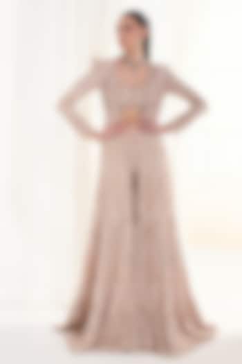 Peach Net Pearl & Sequins Embellished Jacket Set by DISHA ARORA at Pernia's Pop Up Shop