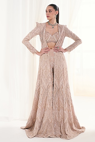 Peach Net Pearl & Sequins Embellished Jacket Set by DISHA ARORA