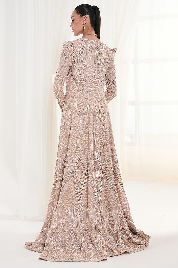 Peach Net Pearl & Sequins Embellished Jacket Set by DISHA ARORA at Pernia's Pop Up Shop