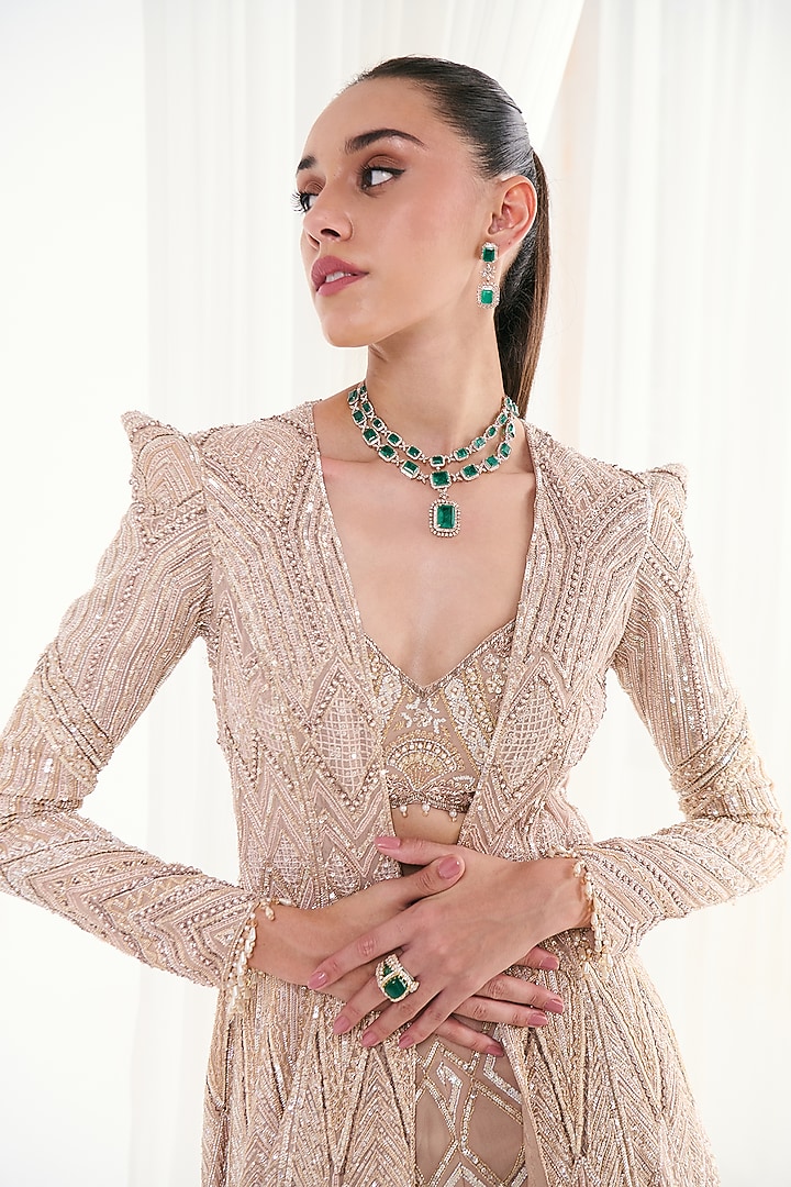 Peach Net Pearl & Sequins Embellished Jacket Set by DISHA ARORA at Pernia's Pop Up Shop