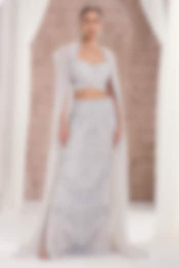 Ivory Net Pearl & Sequins Embroidered Cape Set by DISHA ARORA at Pernia's Pop Up Shop