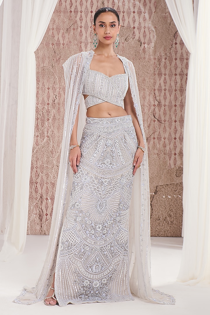 Ivory Net Pearl & Sequins Embroidered Cape Set by DISHA ARORA at Pernia's Pop Up Shop