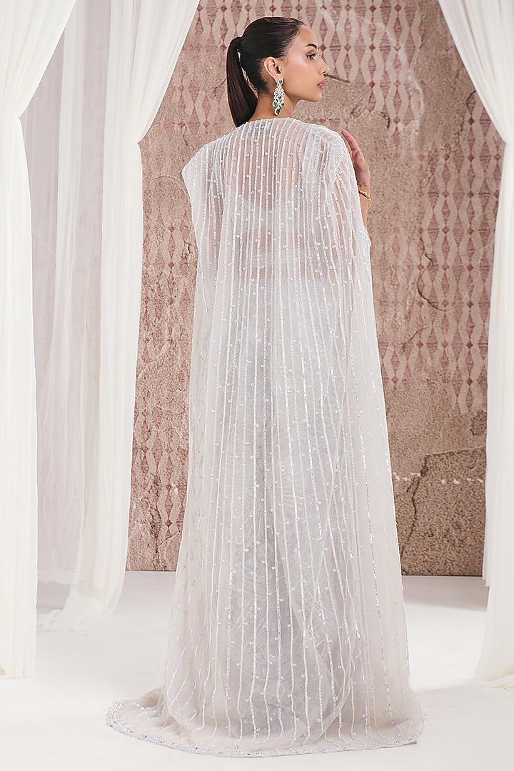 Ivory Net Pearl & Sequins Embroidered Cape Set by DISHA ARORA at Pernia's Pop Up Shop