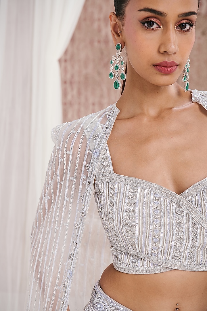 Ivory Net Pearl & Sequins Embroidered Cape Set by DISHA ARORA at Pernia's Pop Up Shop