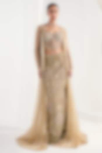 Golden Net Cutdana Embroidered Jacket Set by DISHA ARORA at Pernia's Pop Up Shop