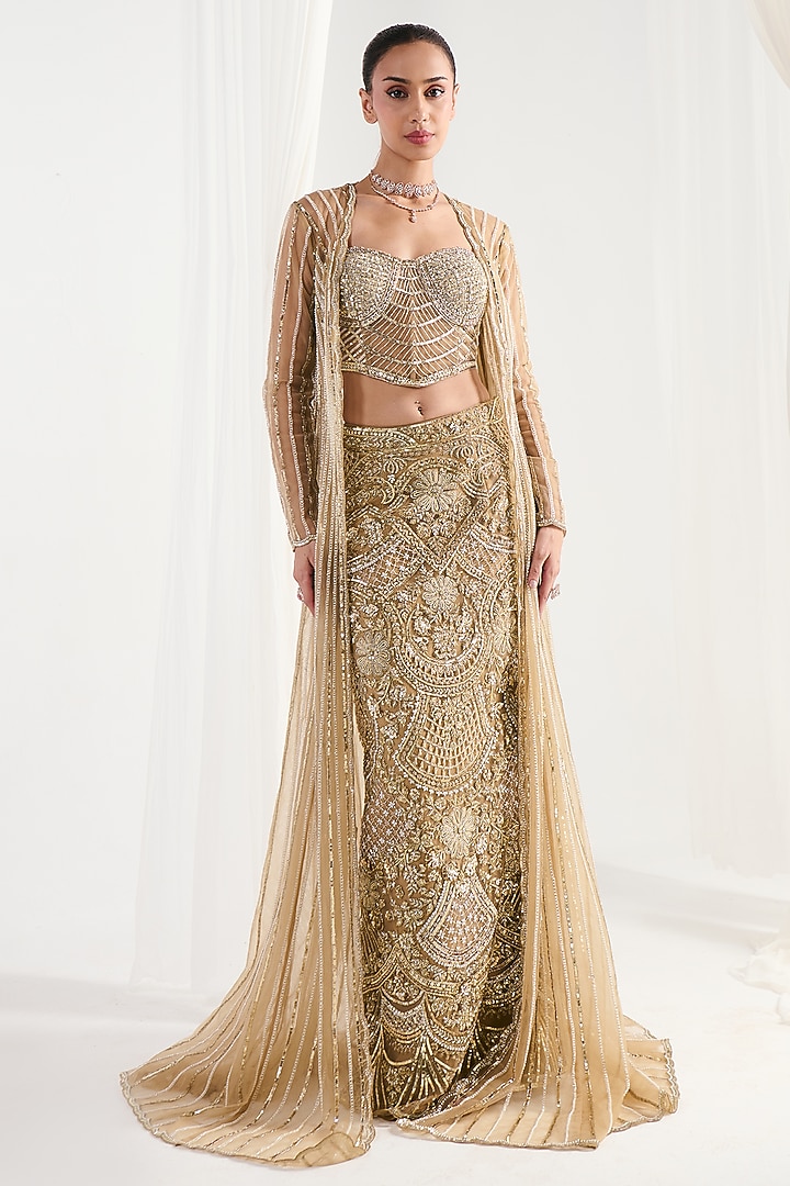 Golden Net Cutdana Embroidered Jacket Set by DISHA ARORA at Pernia's Pop Up Shop