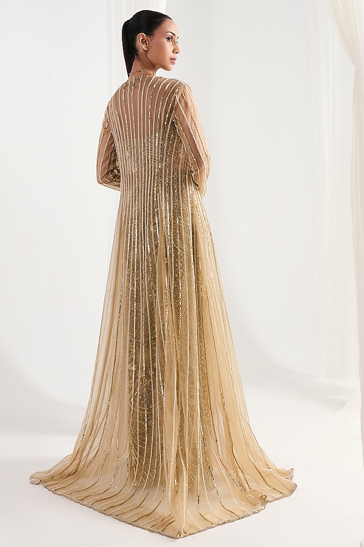 Golden Net Cutdana Embroidered Jacket Set by DISHA ARORA at Pernia's Pop Up Shop