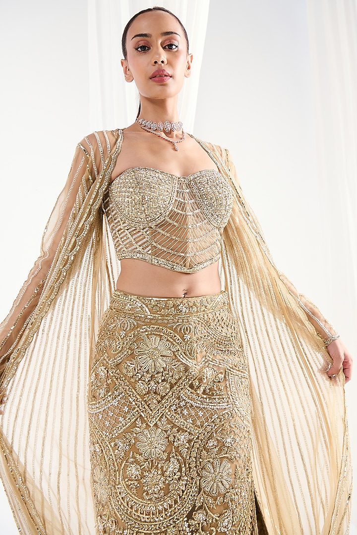 Golden Net Cutdana Embroidered Jacket Set by DISHA ARORA at Pernia's Pop Up Shop