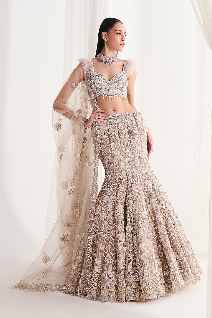 Rose Gold Net Cutdana Embroidered Bridal Lehenga Set by DISHA ARORA at Pernia's Pop Up Shop