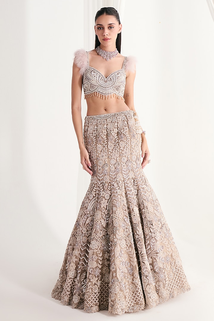 Nude Net Cutdana Embroidered Bridal Lehenga Set by DISHA ARORA at Pernia's Pop Up Shop