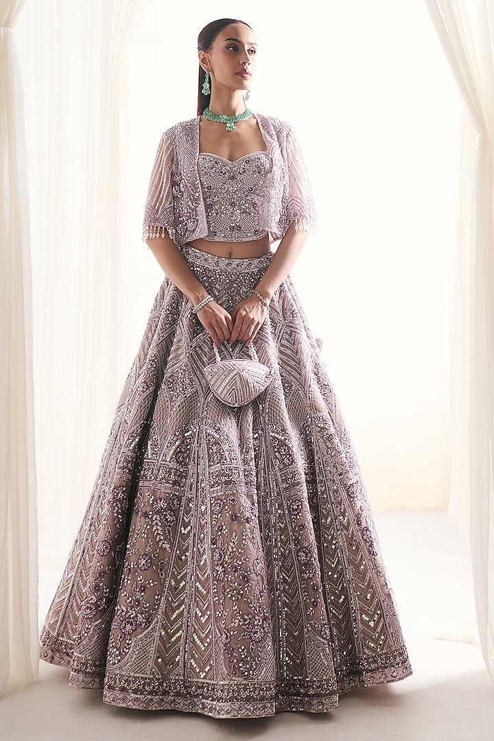 Lilac Organza Cutwork Jacket Bridal Lehenga Set by DISHA ARORA at Pernia's Pop Up Shop