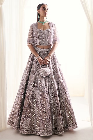 Lilac Organza Jacket Lehenga Set by DISHA ARORA
