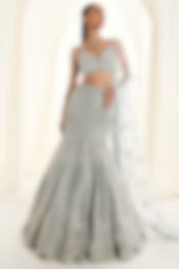 Ice Blue Net Sequins Embroidered Fish-Cut Bridal Lehenga Set by DISHA ARORA at Pernia's Pop Up Shop